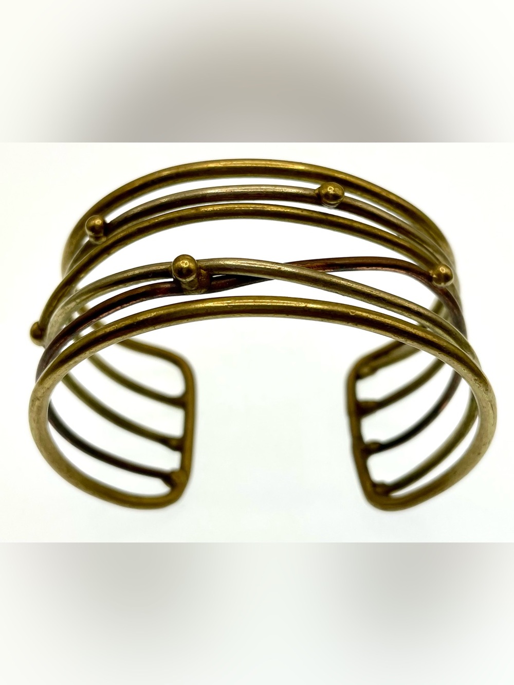 Vintage Brass Tone Multi Wire Cuff Bracelet Ball Accent Modernist